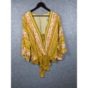 Intimately Free People Mustard Yellow Floral Boho Wrap Bodysuit Lace Trim Medium